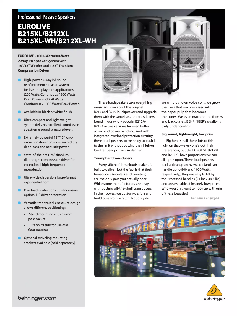 Page 1 de la notice Brochure Behringer Eurolive B212XL