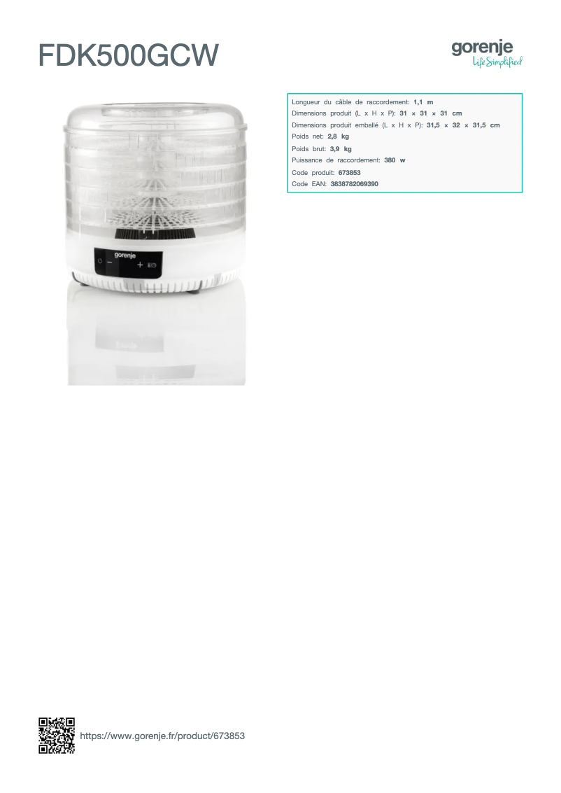 Page 1 de la notice Fiche technique Gorenje FDK500GCW