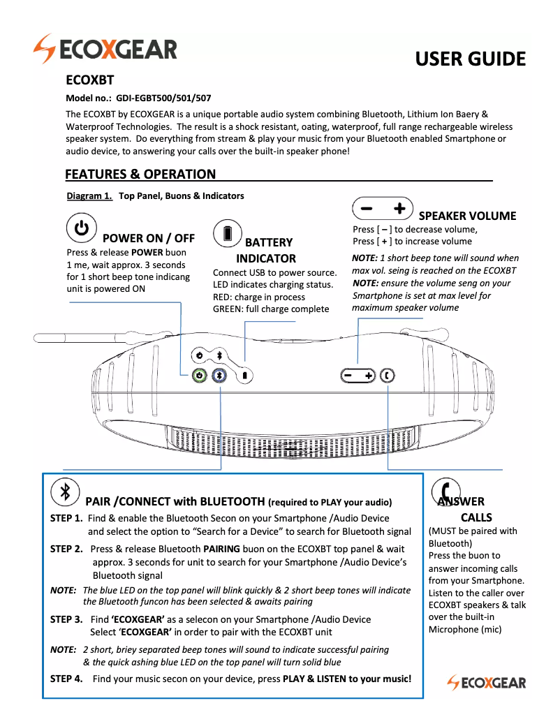 Page 1 de la notice Manuel utilisateur Grace Digital Audio ECOXBT