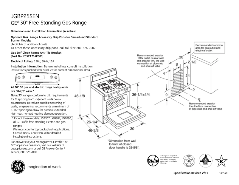 Page 1 de la notice Fiche technique GE JGBP25SENSS