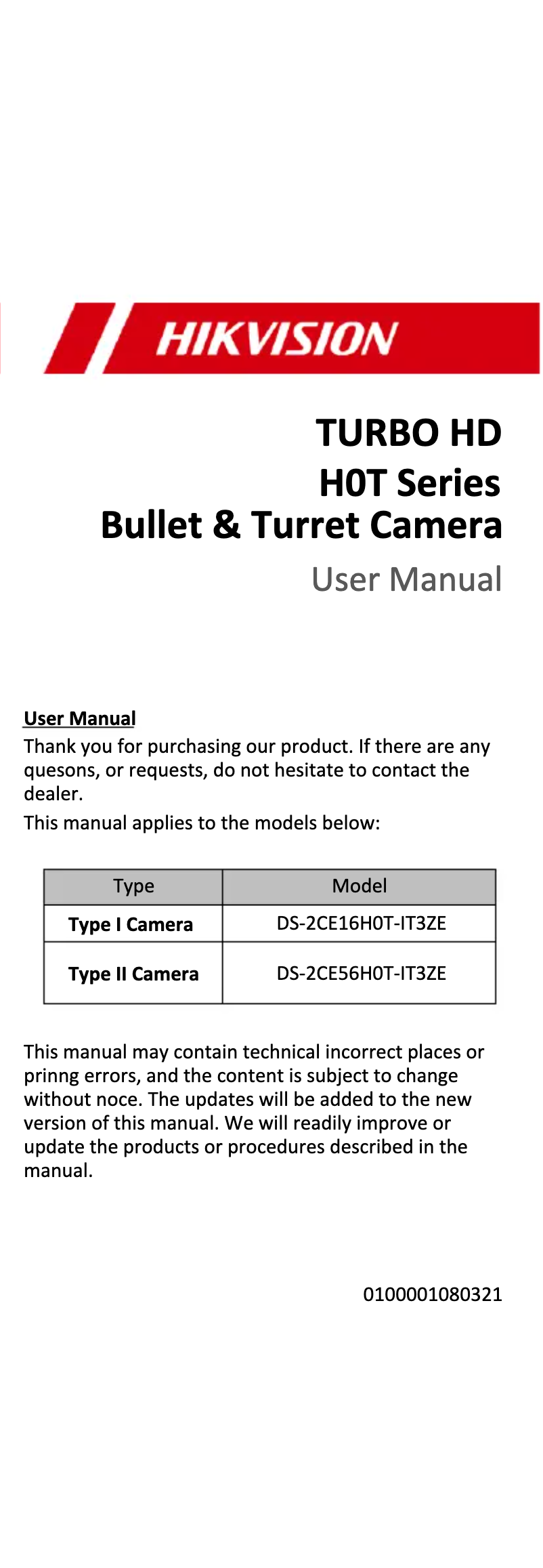 Page 1 de la notice Mode d'emploi Hikvision DS-2CE56H0T-IT3ZE