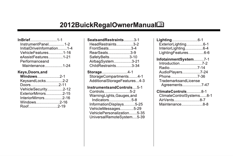 Page 1 de la notice Manuel utilisateur Buick Regal (1996)