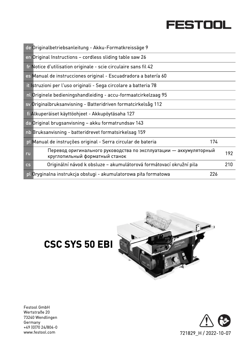 Page 1 de la notice Manuel utilisateur Festool CSC SYS 50 EBI