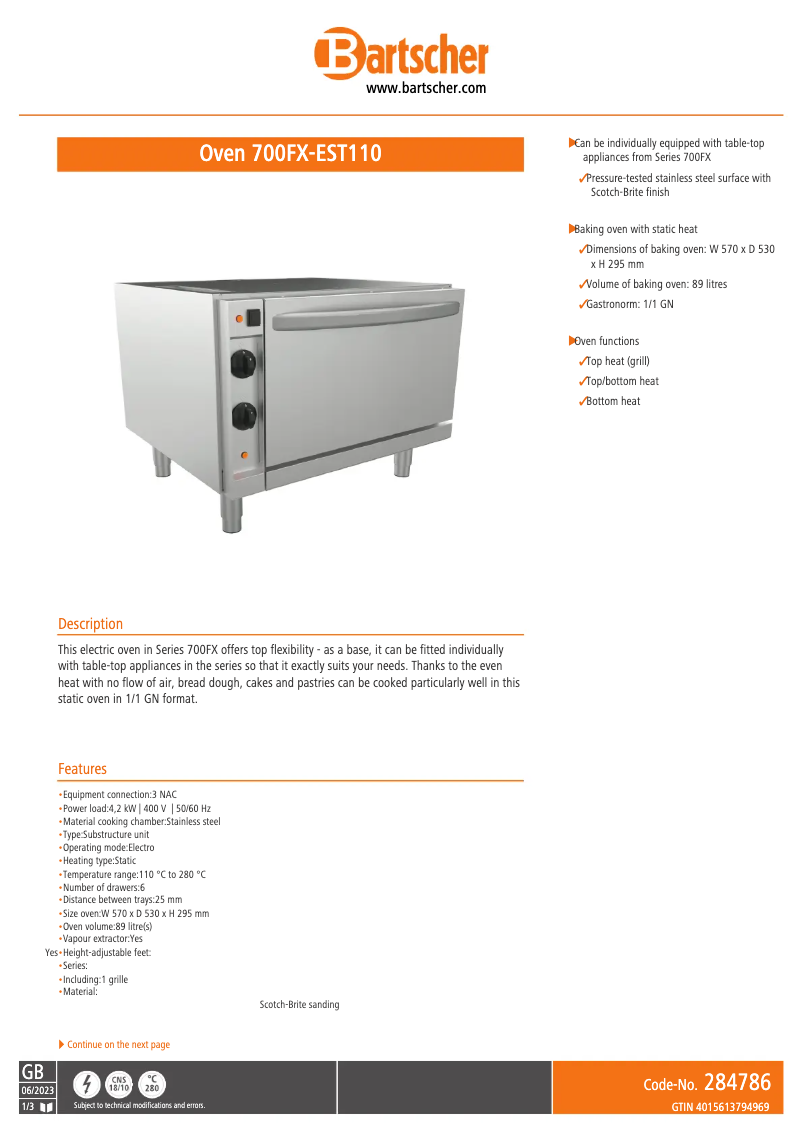 Page n°1 - Fiche technique Bartscher 700FX-EST110