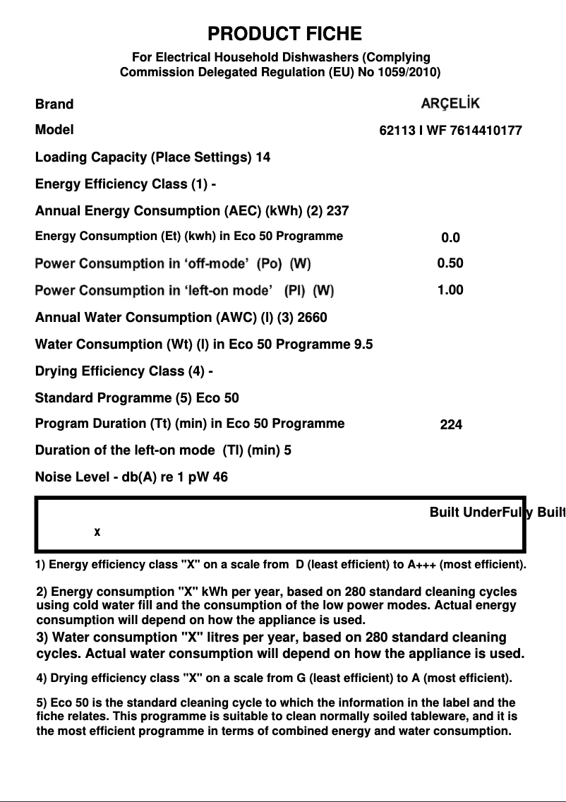 Page 1 de la notice Fiche technique Arçelik 62113 I WF