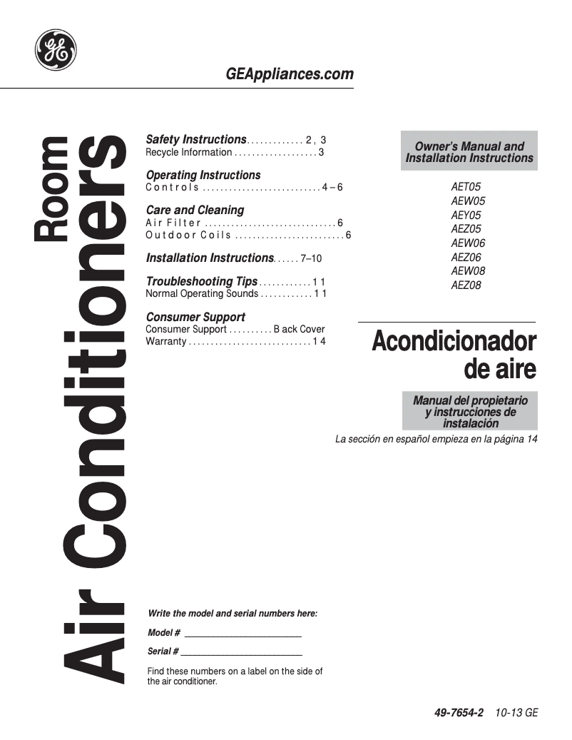 Page 1 de la notice Manuel d'utilisation et d'entretien GE AEY05LV