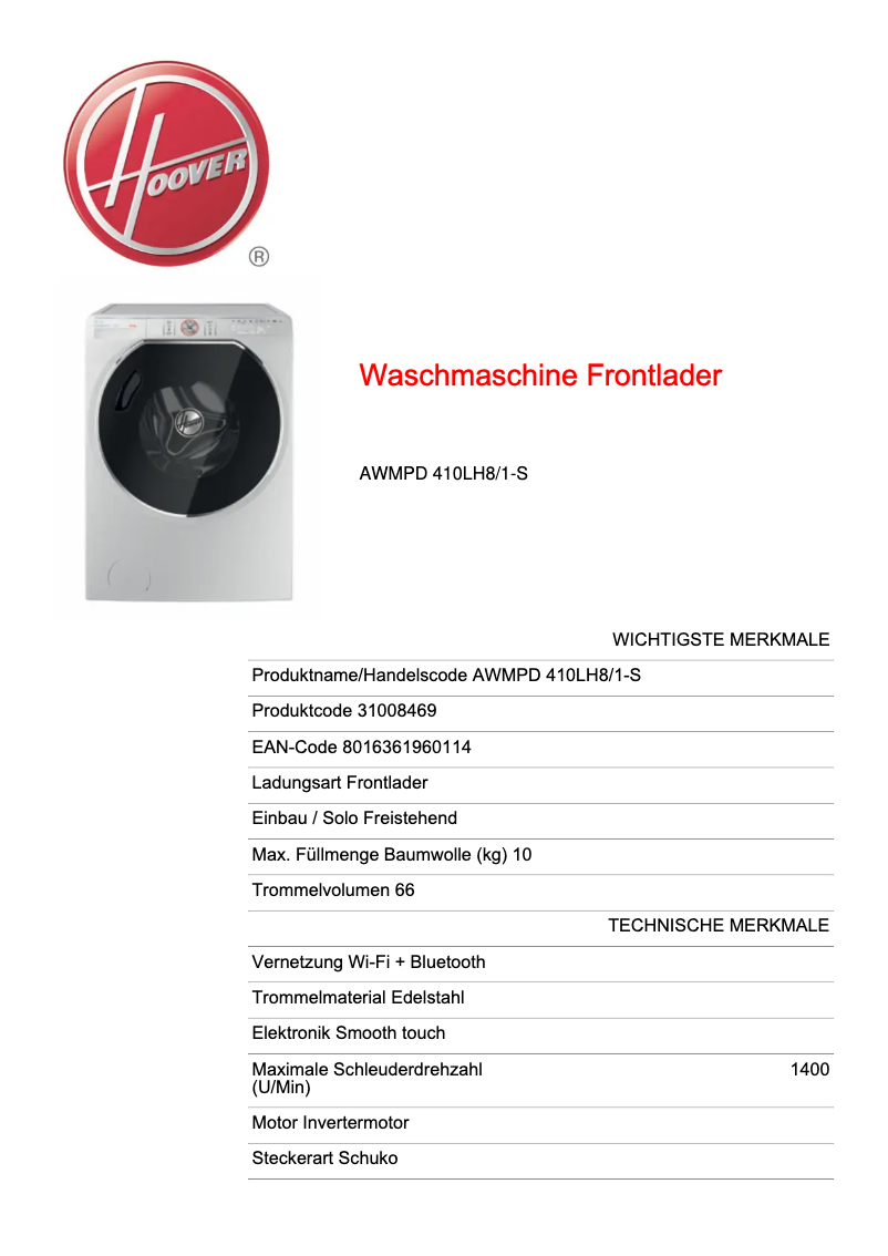 Image de la première page du manuel de l'appareil AWMPD 410LH8/1-S