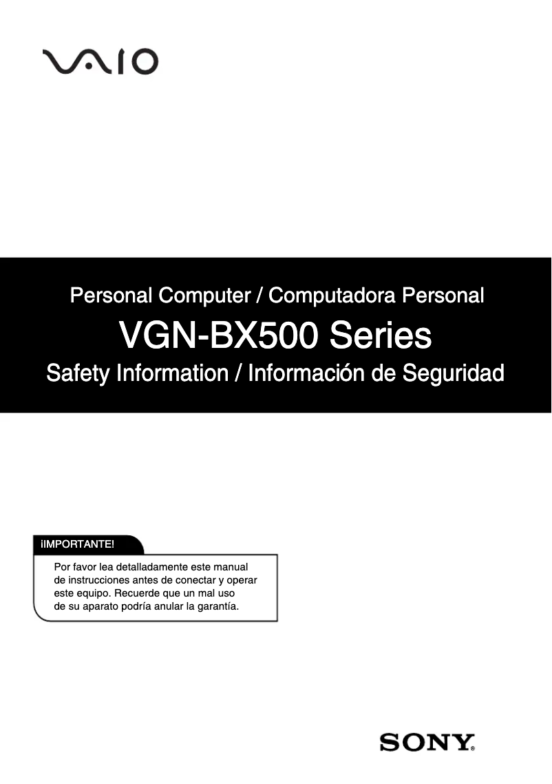 Image de la première page du manuel de l'appareil Vaio VGN-BX546B