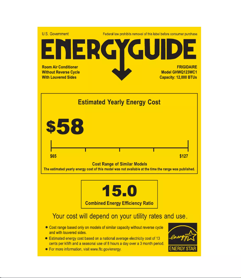 Page 1 de la notice Label énergétique Frigidaire GHWQ123WC1