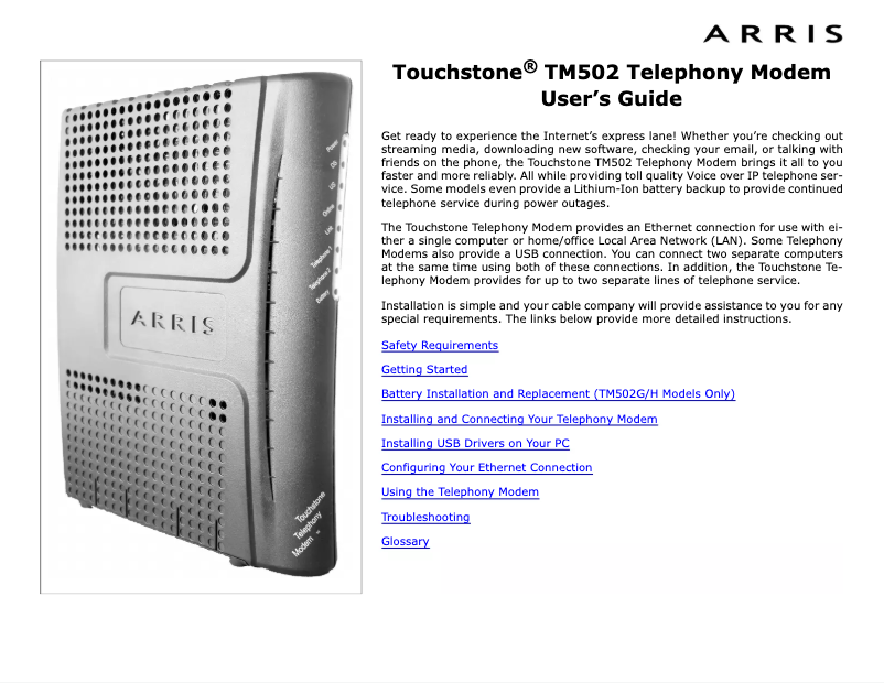 Page n°1 - Manuel utilisateur Arris TM502