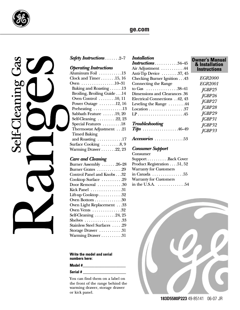 Page 1 de la notice Guide d'installation GE JGBP28WEHWW