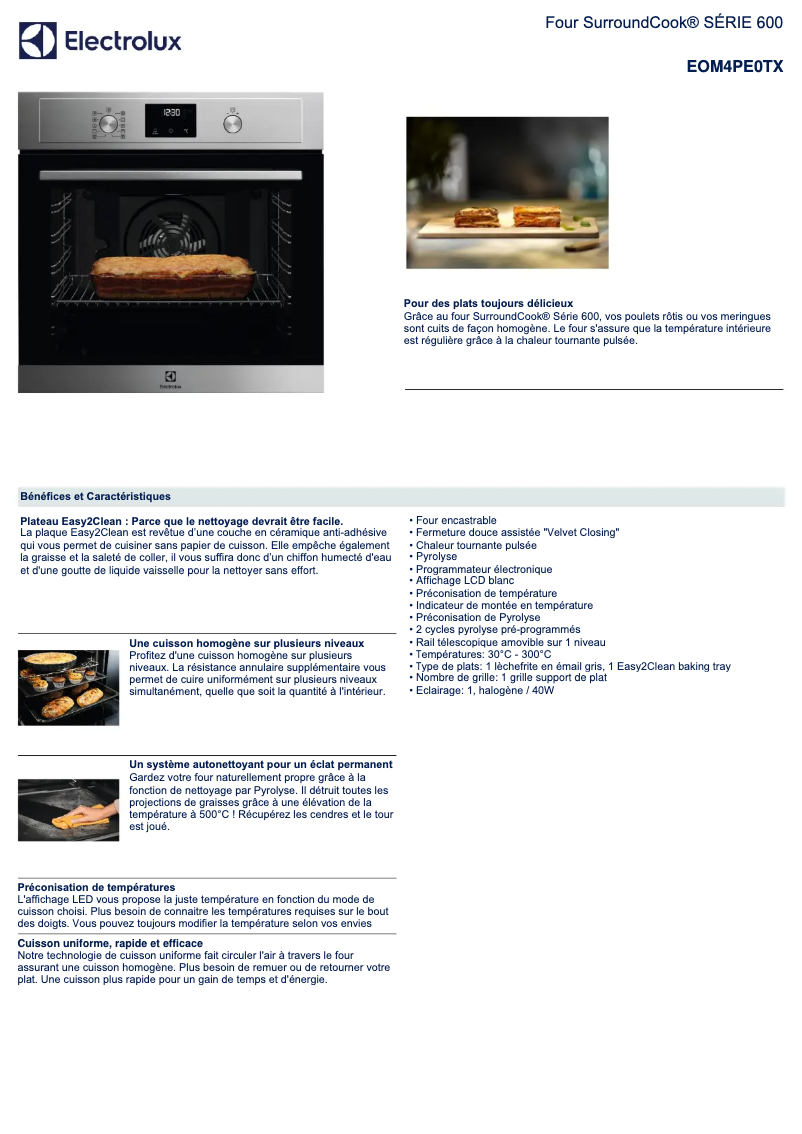 Page 1 de la notice Fiche technique Electrolux EOM4PE0TX