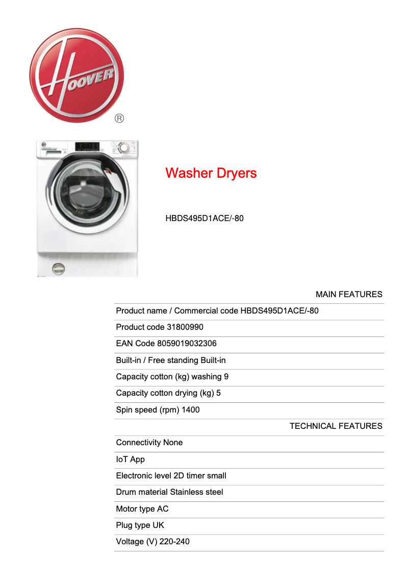 Page n°1 - Fiche technique Hoover H-WASH 300 LITE HBDS495D1ACE/-80