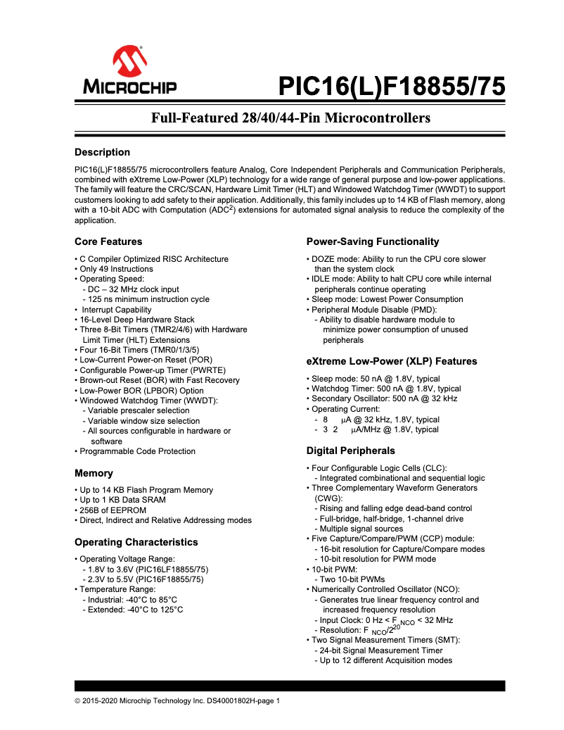 Página 1 del manual Ficha técnica Microchip PIC16F18855