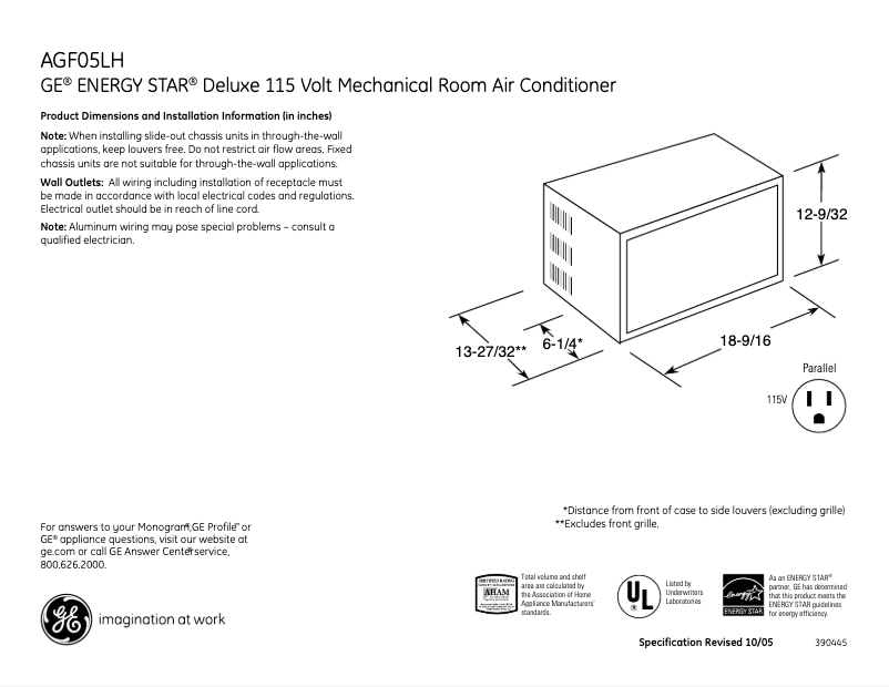 Page 1 de la notice Fiche technique GE AGF05LH