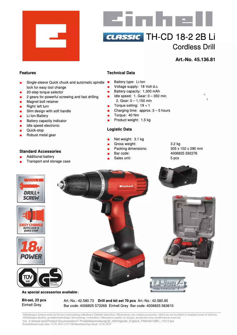 Page 1 de la notice Fiche technique Einhell TH-CD 18-2 2B Li