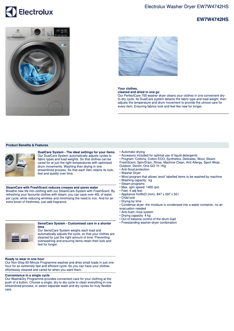 Page n°1 - Fiche technique Electrolux EW7W4742HS