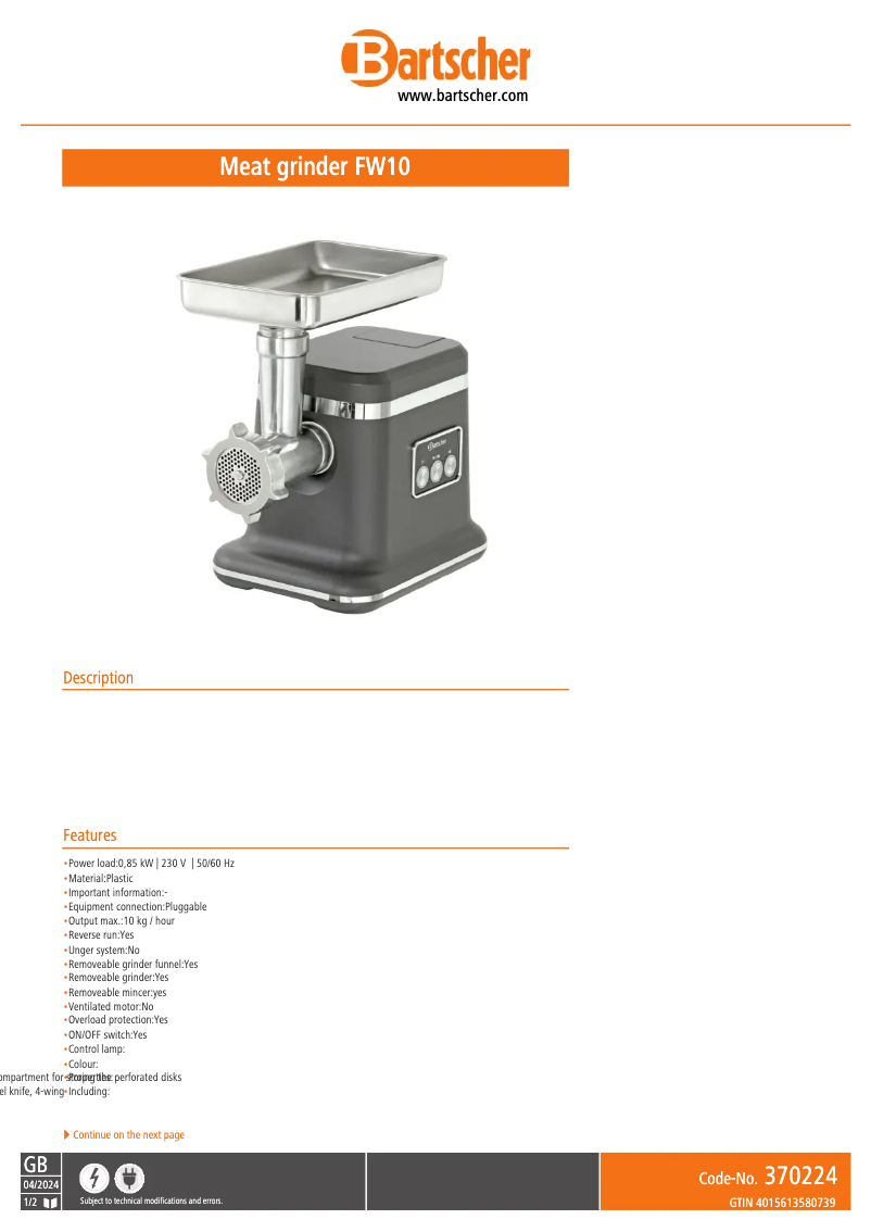 Page n°1 - Fiche technique Bartscher FW10