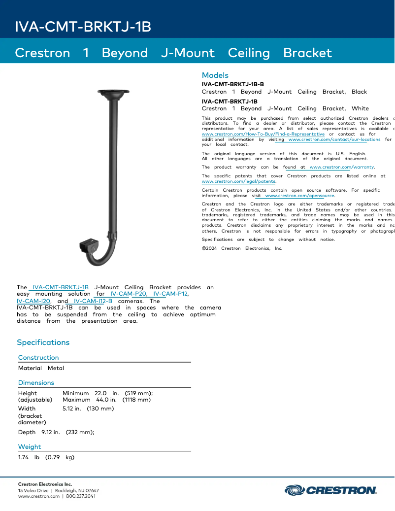 Page 1 of the manual Technical Sheet Crestron IVA-CMT-BRKTJ-1B-B
