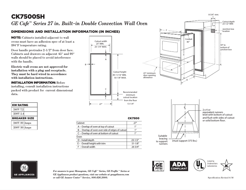 Page 1 de la notice Fiche technique GE Café CK7500SHSS