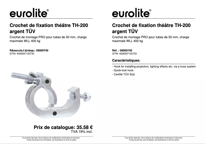 Page 1 de la notice Fiche technique Eurolite TH-200