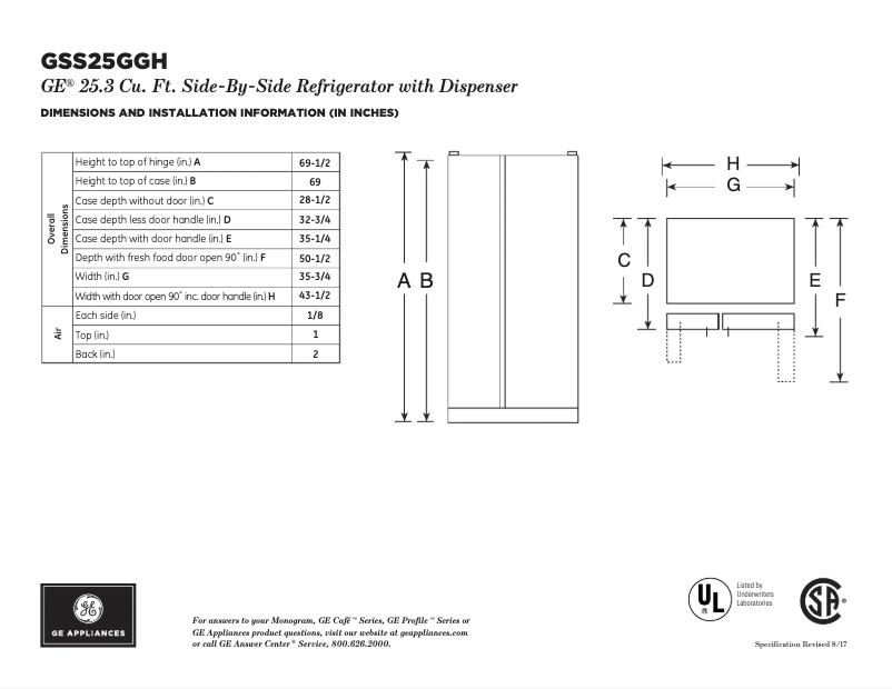 Page 1 of the manual Technical Sheet GE GSS25GMHES