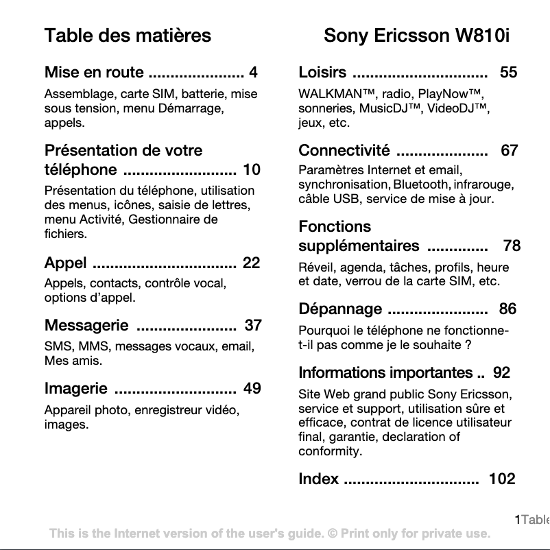 Page n°1 - Manuel utilisateur Sony Ericsson W810i