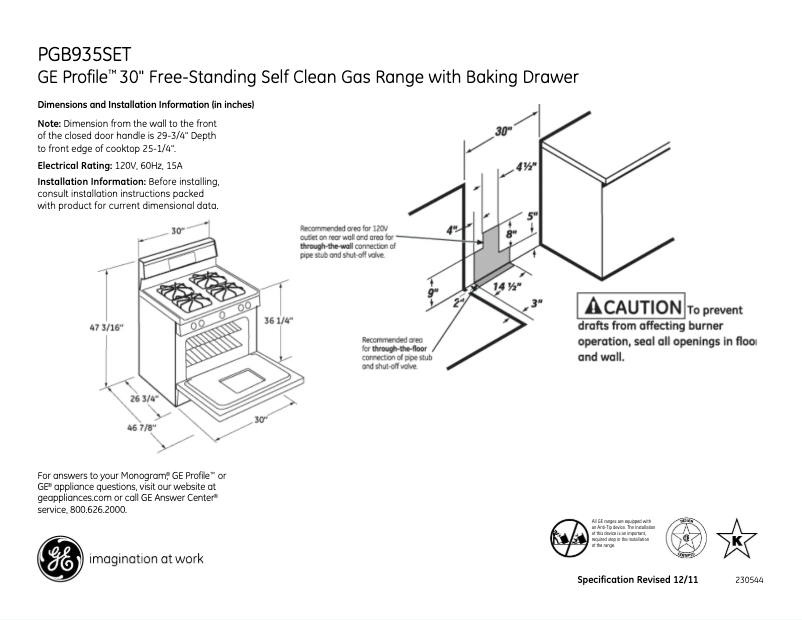 Page 1 de la notice Fiche technique GE Profile PGB935SETSS
