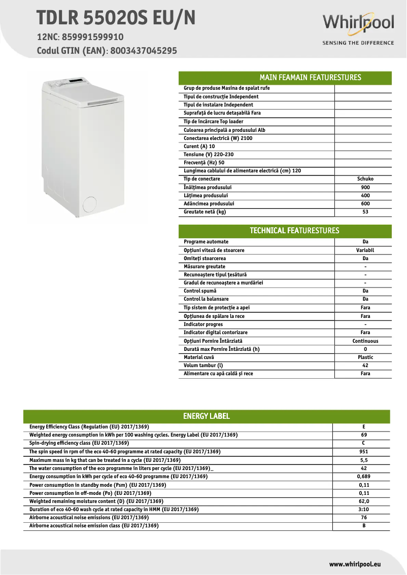 Page 1 de la notice Fiche technique Whirlpool TDLR 55020S