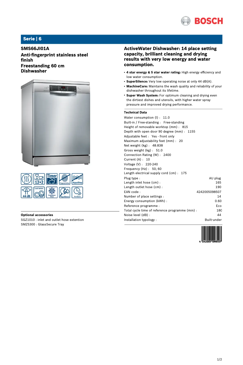 Image de la première page du manuel de l'appareil SMS66JI01A