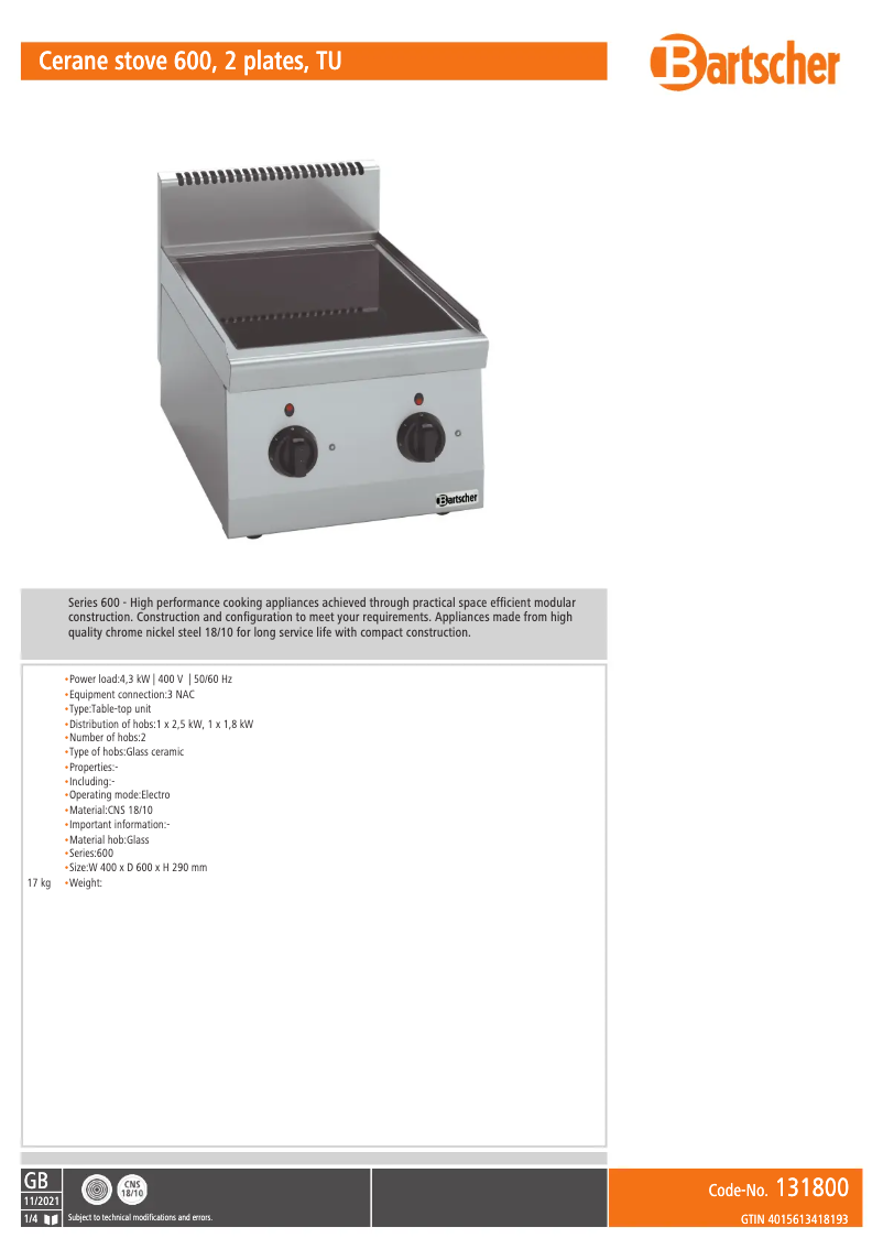 Page 1 de la notice Manuel utilisateur Bartscher 131800