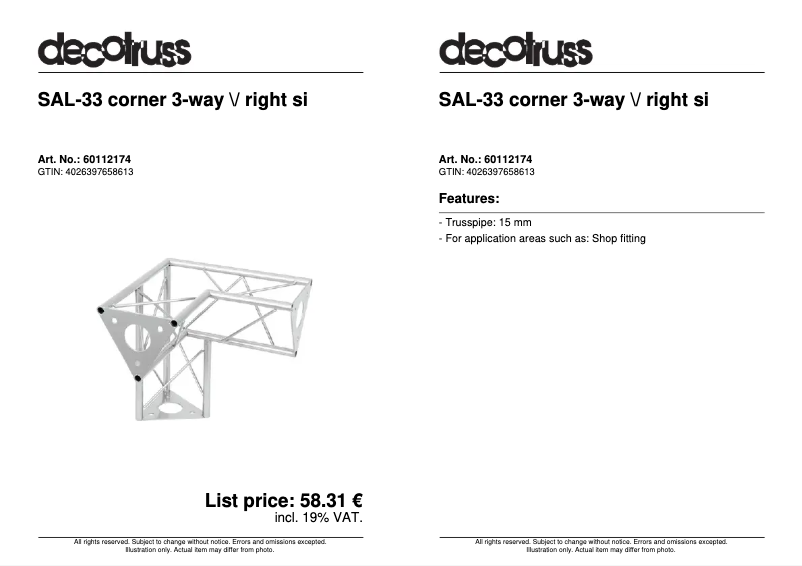 Page 1 de la notice Fiche technique Decotruss SAL 33