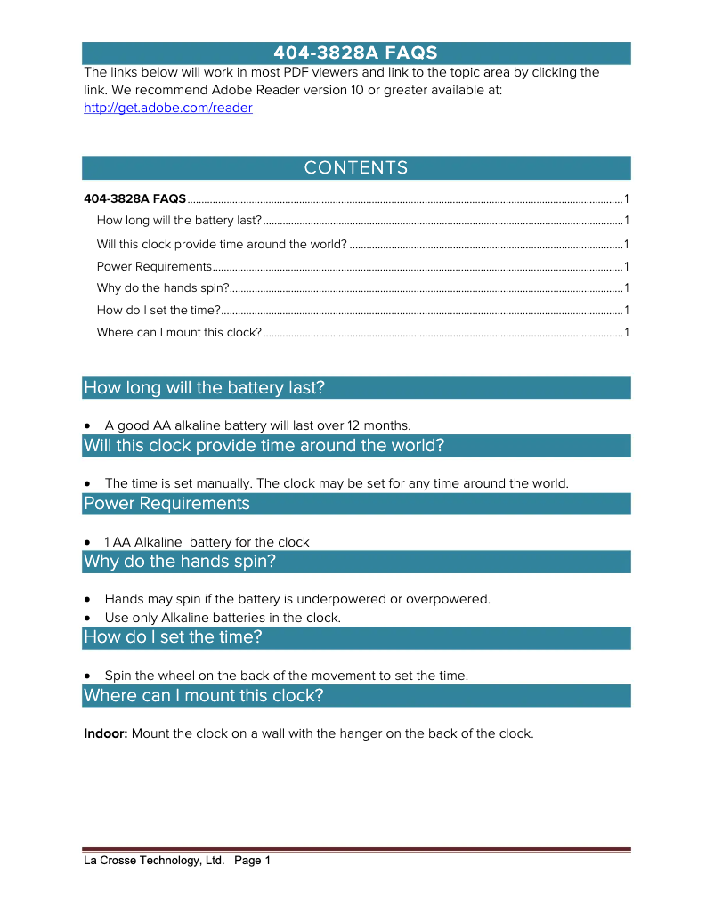 Page 1 de la notice FAQ La Crosse Technology 404-3828A