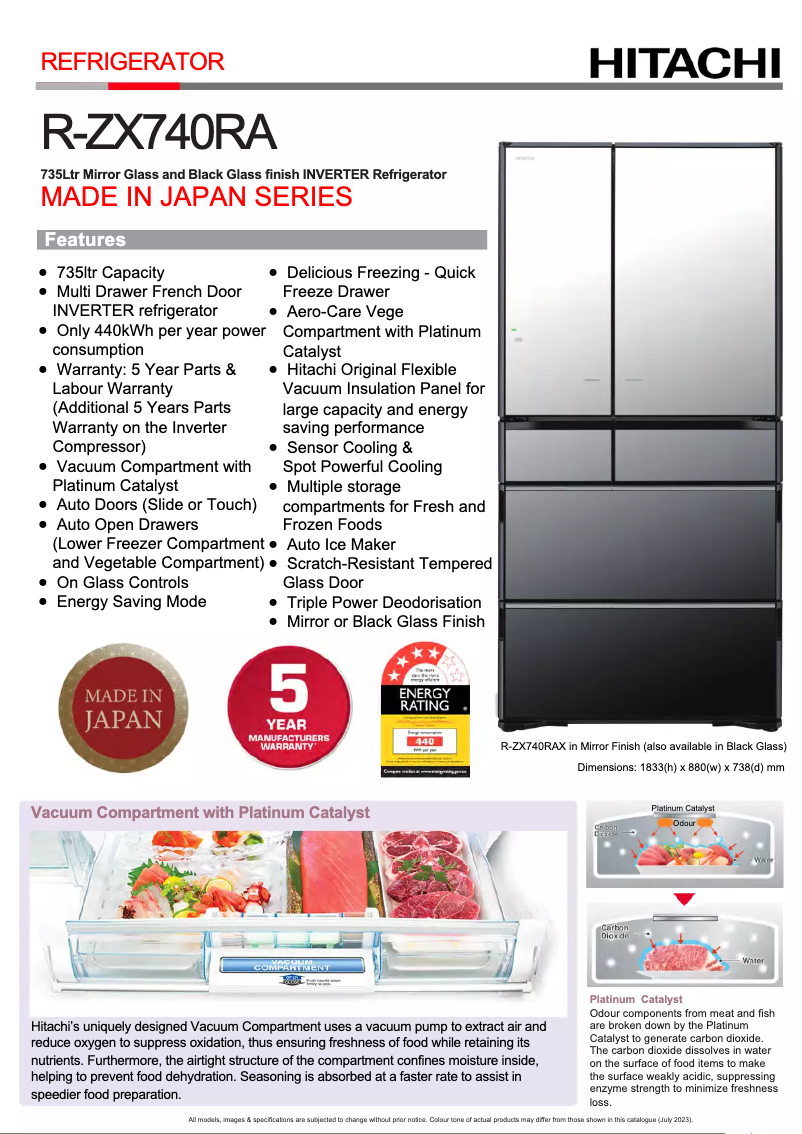 Page 1 de la notice Fiche technique Hitachi R-ZX740RA