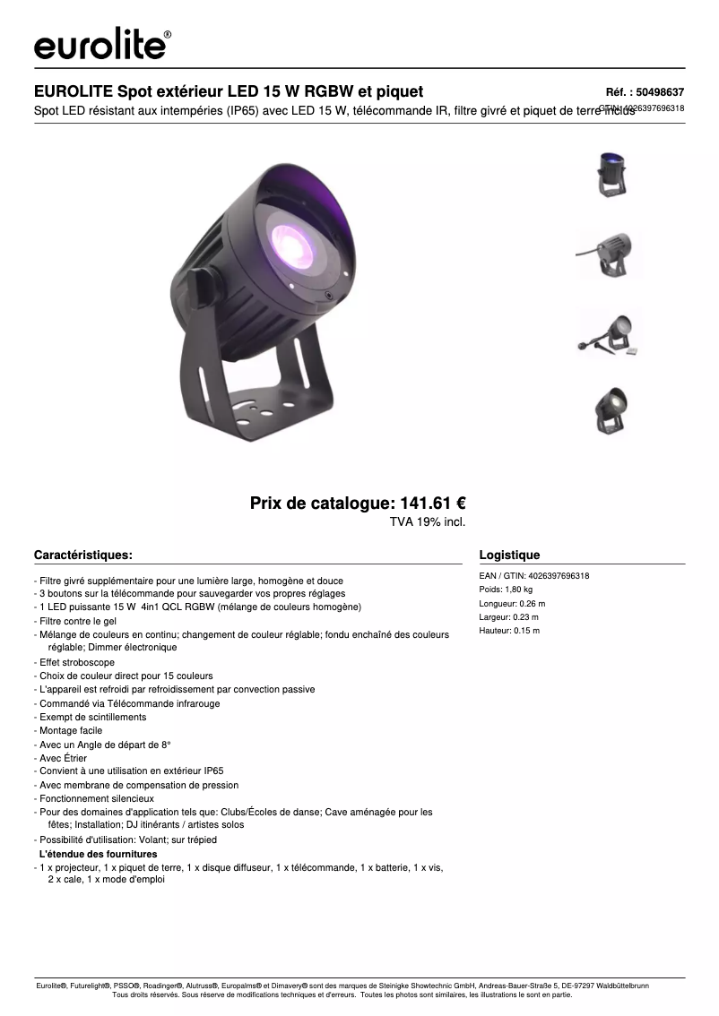 Page 1 de la notice Fiche technique Eurolite LED Outdoor Spot