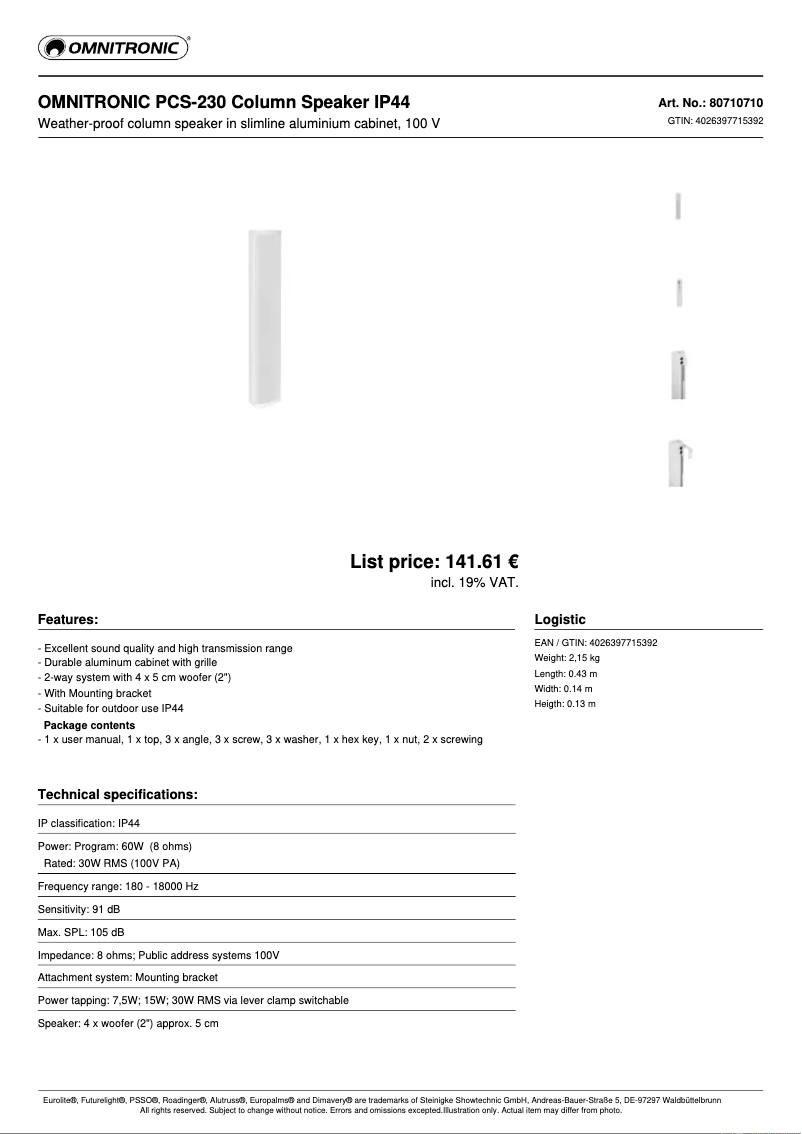 Página 1 del manual Ficha técnica Omnitronic PCS-230