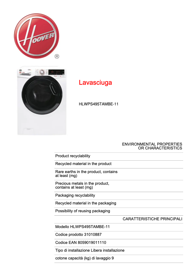Page 1 de la notice Fiche technique Hoover Link Pro HLWPS495TAMBE-11