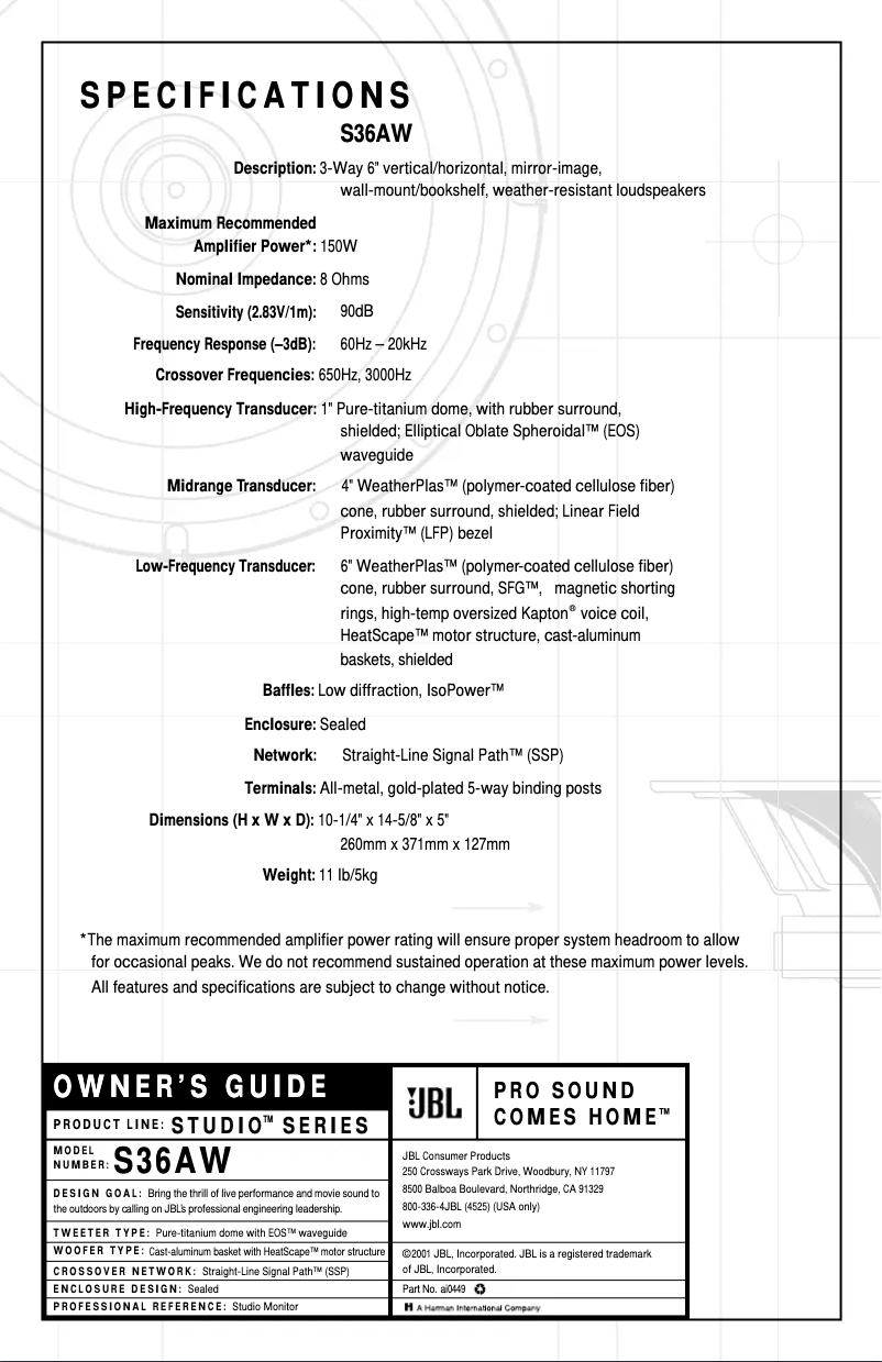 Page 1 de la notice Manuel utilisateur JBL Studio S36AW