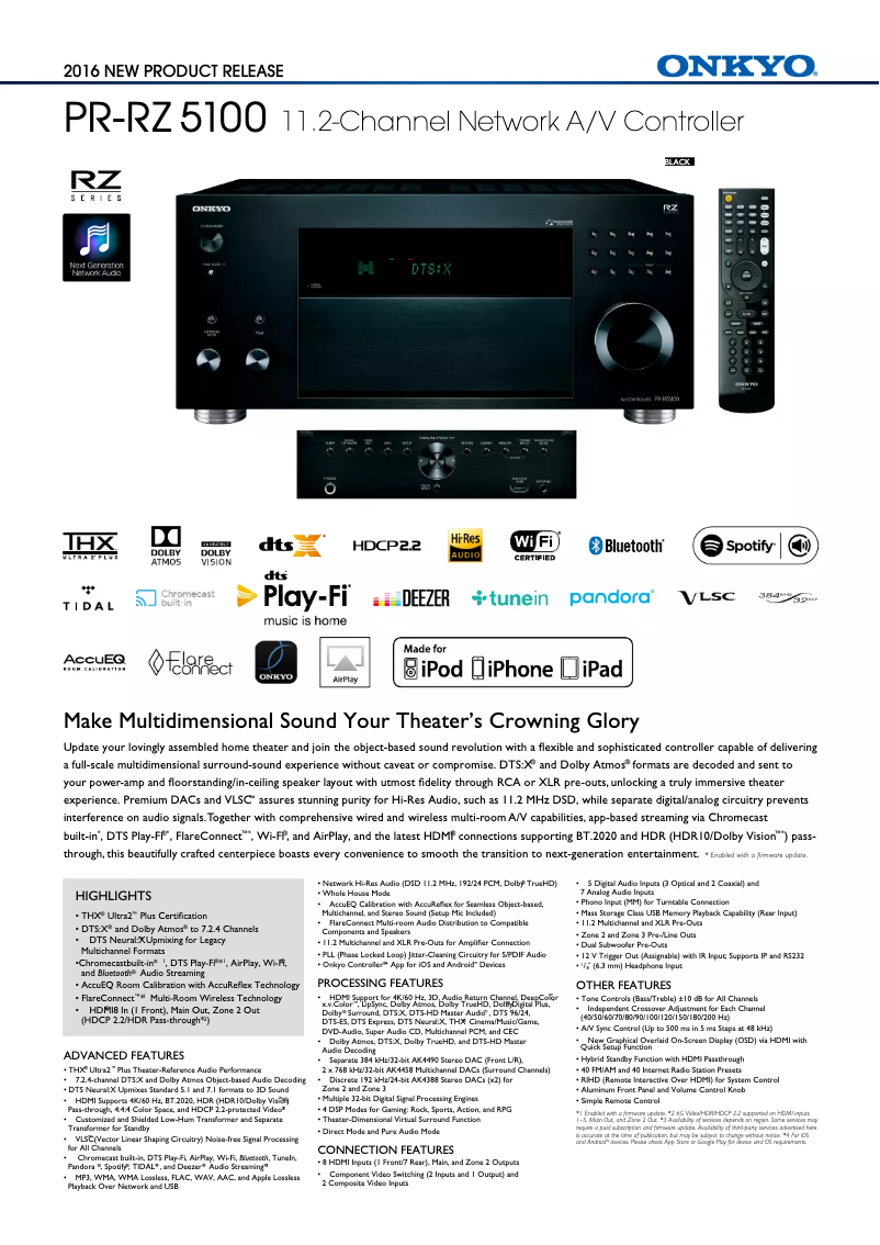 Page n°1 - Fiche technique Onkyo PR-RZ5100