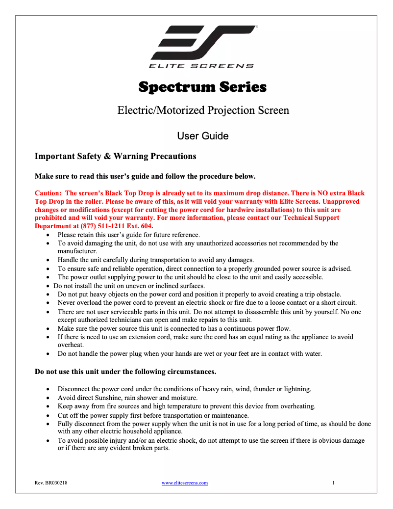 Page n°1 - Manuel utilisateur Elite Screens Electric106X