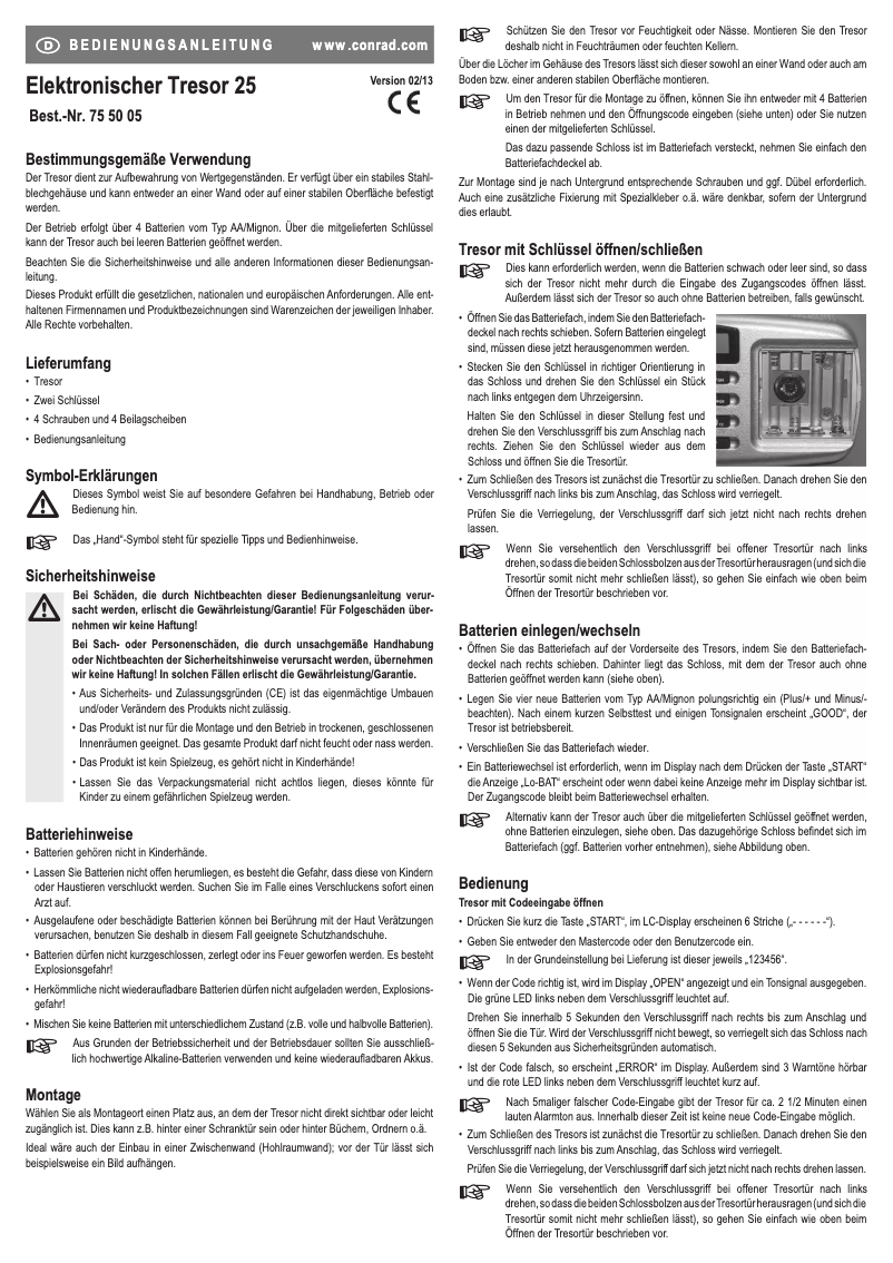 Page 1 de la notice Manuel utilisateur Conrad Electronic Safe 25