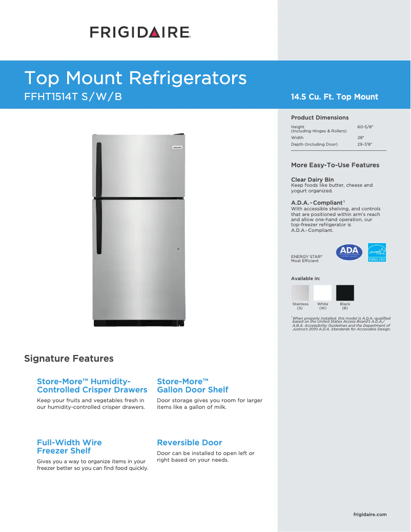 Page n°1 - Fiche technique Frigidaire FFHT1514T