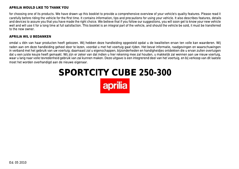 Page 1 de la notice Manuel utilisateur Aprilia Sportcity Cube 300 (2008)