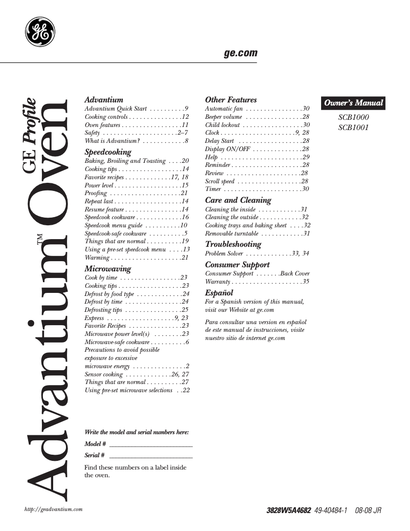 Page n°1 - Manuel d'utilisation et d'entretien GE SCB1000KWW