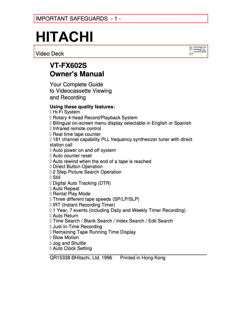 Page 1 de la notice Manuel utilisateur Hitachi VT-FX602S