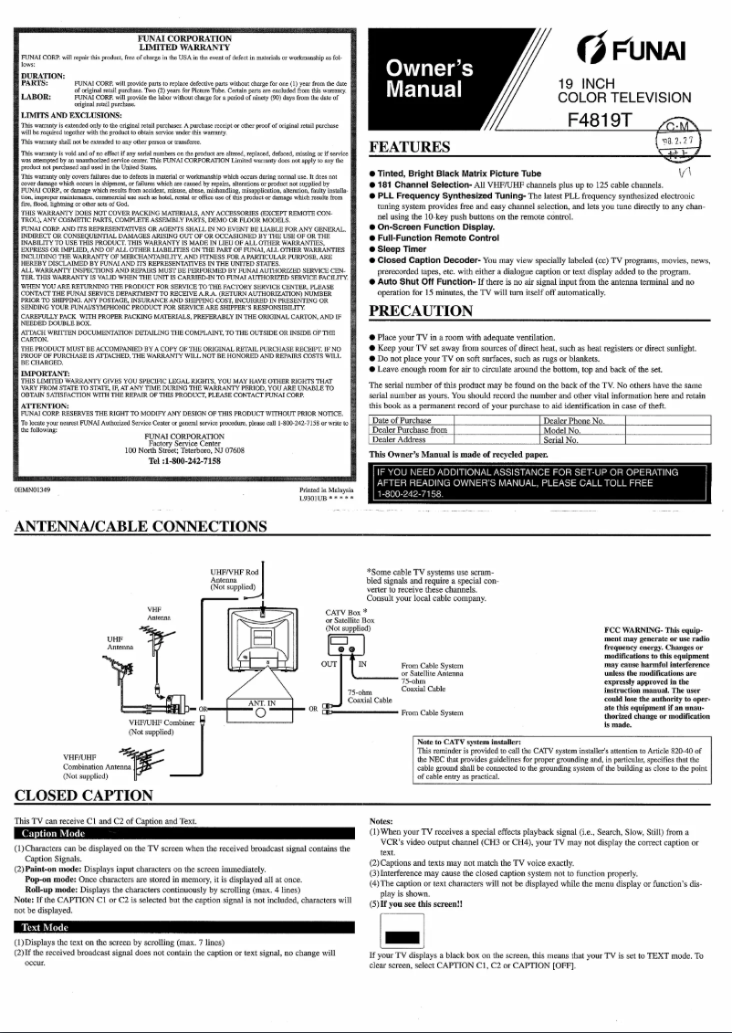 Page 1 de la notice Manuel utilisateur Funai F4819T