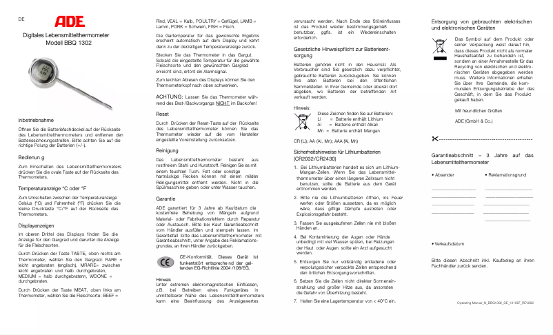 Page 1 de la notice Manuel utilisateur ADE BBQ 1302