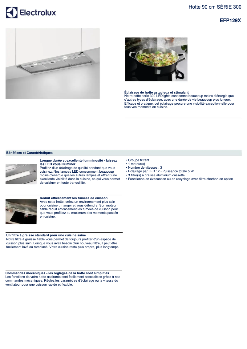 Page 1 de la notice Fiche technique Electrolux EFP129X