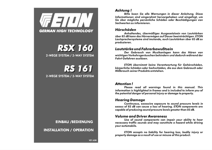 Page n°1 - Manuel utilisateur Eton RSX 160
