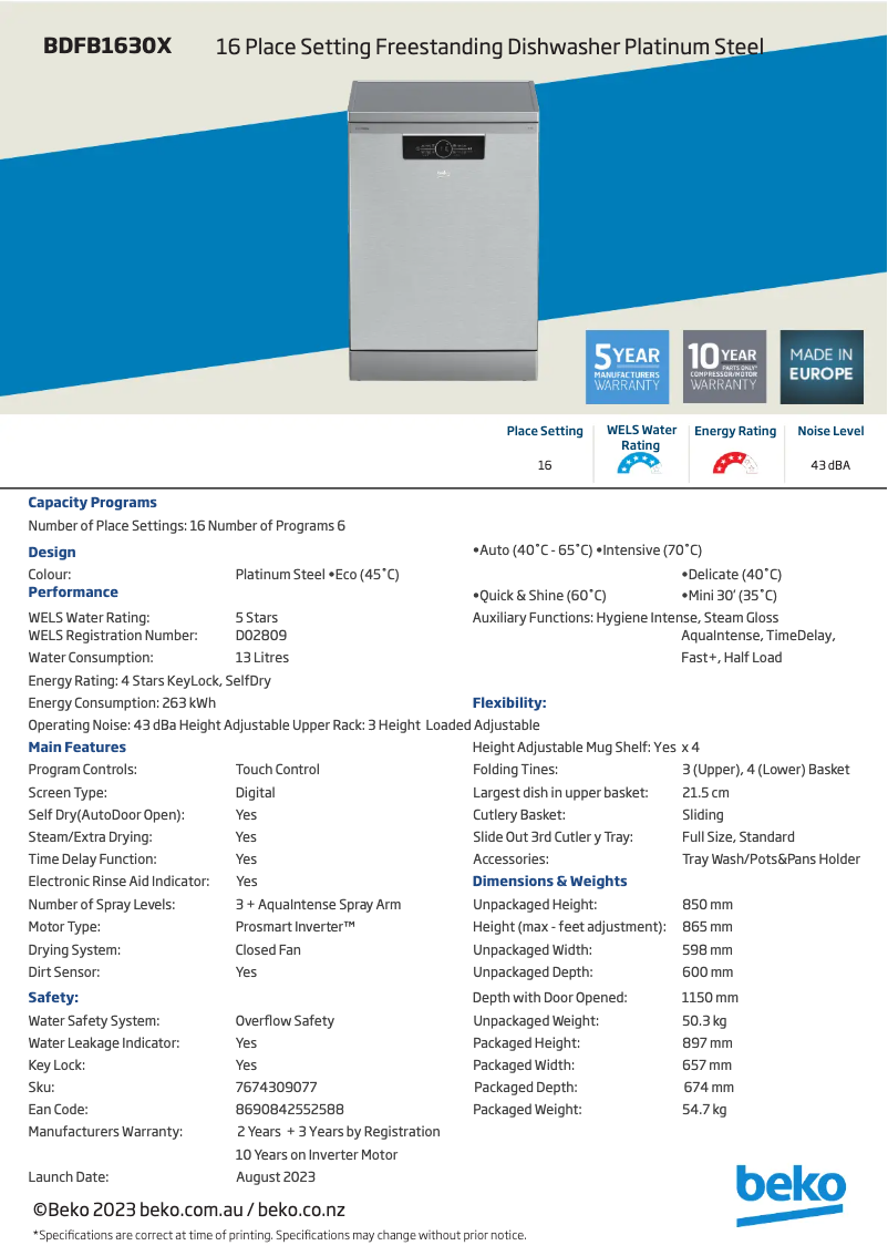 Page 1 de la notice Fiche technique Beko BDFB1630X